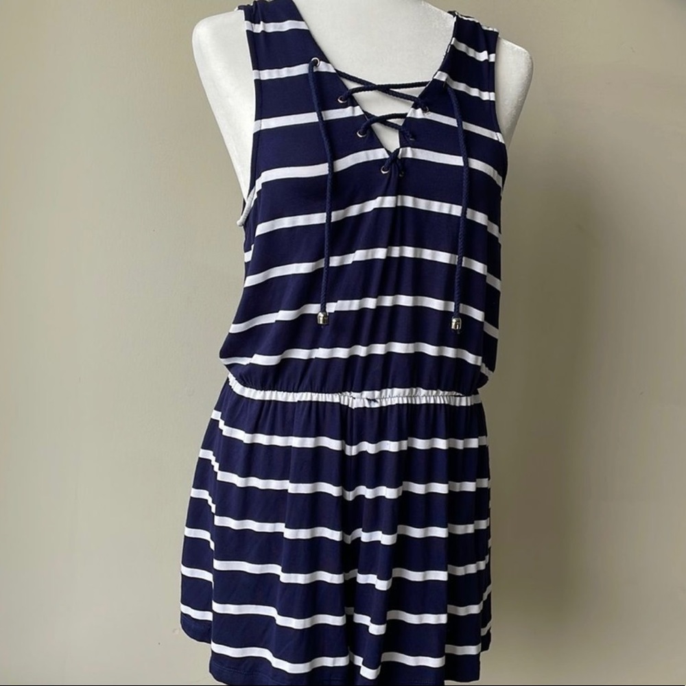 Venus Jersey Knit Striped Short Romper with Rope Tie